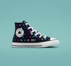 Converse Chuck Taylor All Star Foil Hearts Yüksek Taban Ayakkabı Siyah Beyaz Pembe | CV-528VJB