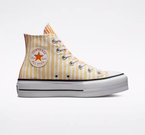 Converse Chuck Taylor All Star Lift Platform Stripes Yüksek Taban Ayakkabı Beyaz Mango Koyu Sarı | CV-132JAZ