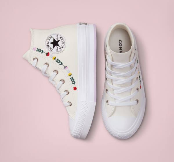 Converse Chuck Taylor All Star Lift Platform Floral Embroidery Yüksek Taban Ayakkabı Beyaz Beyaz | CV-804UFH