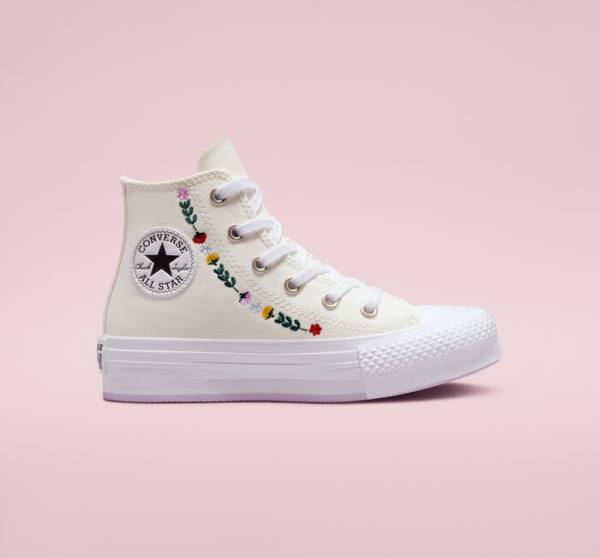 Converse Chuck Taylor All Star Lift Platform Floral Embroidery Yüksek Taban Ayakkabı Beyaz Beyaz | CV-804UFH