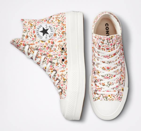 Converse Chuck Taylor All Star Lift Platform Florals Yüksek Taban Ayakkabı Bej Rengi Beyaz Pembe | CV-964NWJ