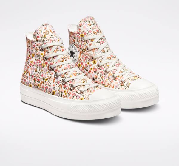 Converse Chuck Taylor All Star Lift Platform Florals Yüksek Taban Ayakkabı Bej Rengi Beyaz Pembe | CV-964NWJ