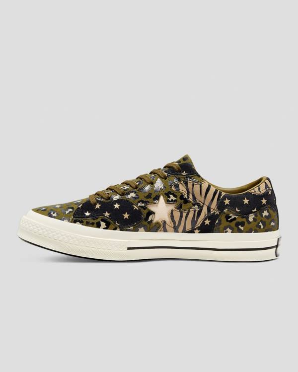 Converse One Star Archive Print Mix Düz Taban Ayakkabı Zeytin Yeşili Leopar | CV-172ARJ