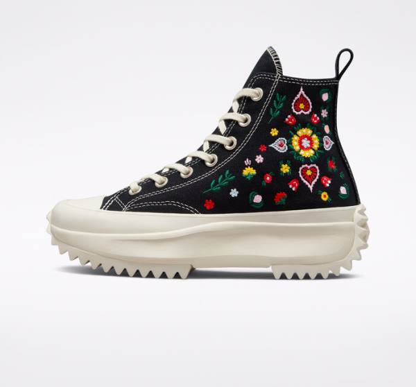 Converse Run Star Hike Platform Floral Embroidery Yüksek Taban Ayakkabı Siyah | CV-382XDM